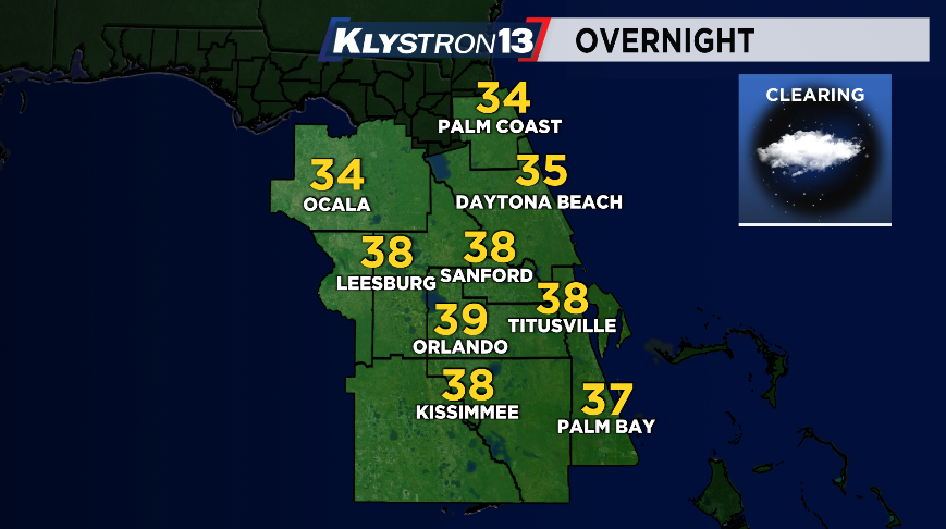 MyNews13Weather's tweet photo. A chilly night shaping up across the area.
Skies will continue to clear overnight and winds will pick up.
Expect morning temps in the mid to upper 30s with strong NW winds.
Wind Chill Advisory is up for Sat AM, with feels like temps in the 20s and 30s!
#flwx #Orlando #FLcold https://t.co/k6BJnVdU4T