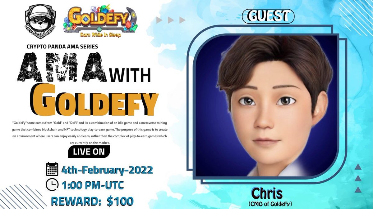 Crypto Panda will host #AMA with GOLDEFY  4 th February 2021 at 1 PM UTC  Reward pool : $100

@panda_airdrop24
@Goldefy_

Must Must Like, Retweet, follow  &amp; Tag 3 Person project Twitter.