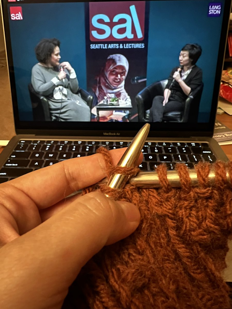 Working on my cardigan while listening in on this conversation I’ve been looking forward to with @IjeomaOluo and @cathyparkhong , hosted by @SeaArtsLectures . So grateful that I can tune in safely from home! #SALHong