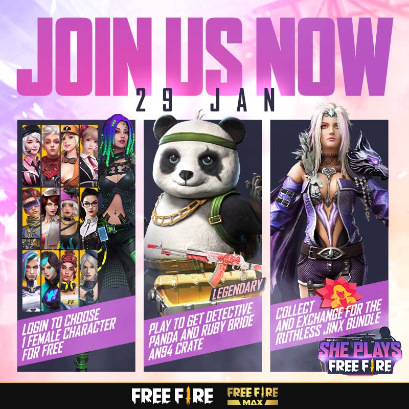 Login today to get a chance to win rewards 🎁 - Choose a female character for free - Play to win Detective Panda & AN94 Ruby Bride crate - Exchange SHE tokens and exchange for the Ruthless Jinx bundle #FreeFire #FreeFireIndia #IndiaKaBattleRoyale #Booyah #ShePlaysFreeFire