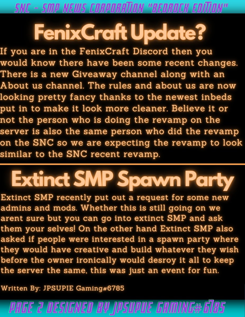 SMPNewsC's tweet photo. Today's news we welcome the Bedrock Legacy Tournament! We also talk about @FenixCraft10 ongoing discord server revamp and Extinct SMP Spawn Party!
https://t.co/jRgAIkXKoZ
https://t.co/vBeQsudDR1
https://t.co/84m9Rznknd https://t.co/qEHGE2qzFH