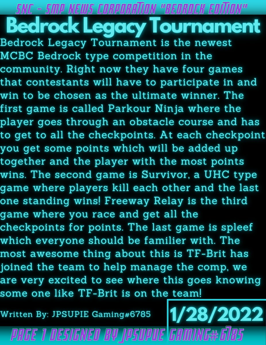 SMPNewsC's tweet photo. Today's news we welcome the Bedrock Legacy Tournament! We also talk about @FenixCraft10 ongoing discord server revamp and Extinct SMP Spawn Party!
https://t.co/jRgAIkXKoZ
https://t.co/vBeQsudDR1
https://t.co/84m9Rznknd https://t.co/qEHGE2qzFH