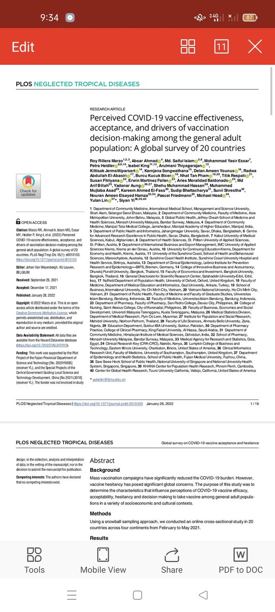 erwin_m_faller's tweet photo. Blessed to Published in a High Impact Journal PLOS Neglected Tropical Diseases entitled "Perceived COVID-19 vaccine effectiveness, acceptance, and drivers of vaccination decision-making among the general adult population: A global survey of 20 countries". #writepublishrepeat https://t.co/SaQQQUZ8q1