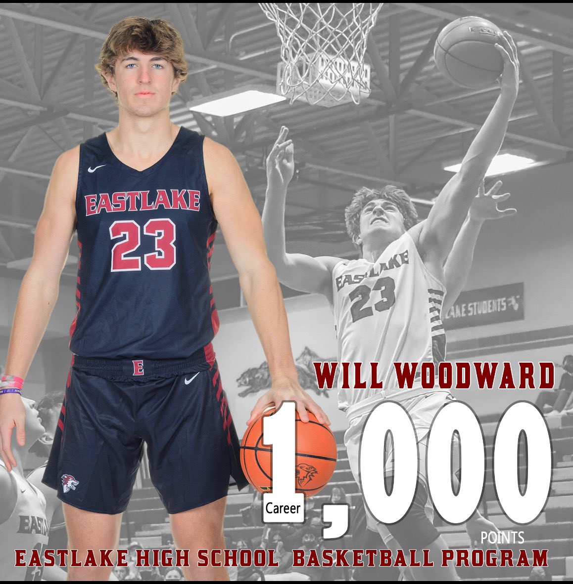 And there it is! Will Woodward becomes just the 2nd player in Eastlake history to score over 1000 career points, joining Curtis Borchardt. Congratulations to Will! 🏀💪🔥