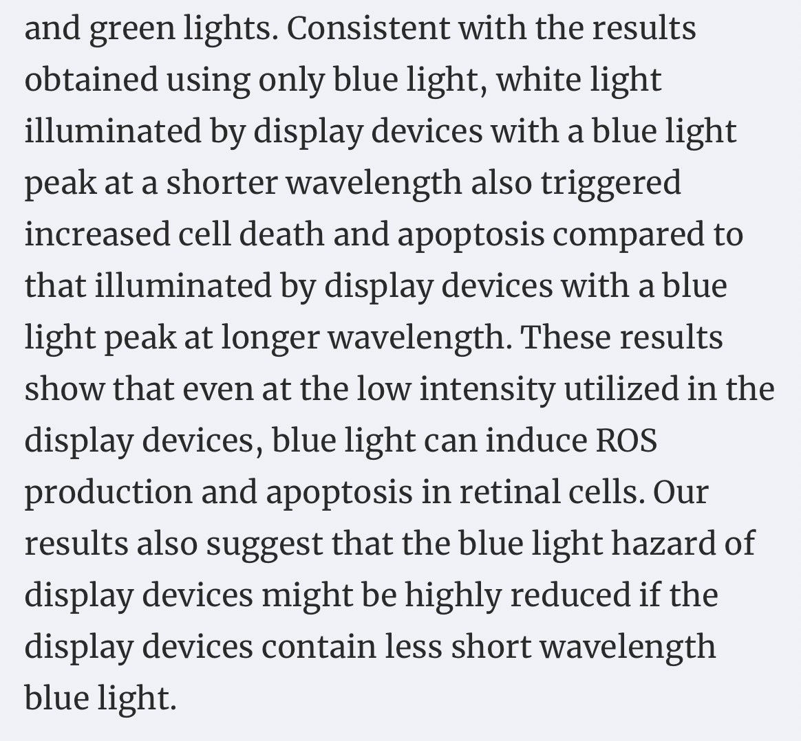 Blue light effect on retinal pigment epithelial cells by display devices  https://pubmed.ncbi.nlm.nih.gov/28386617/ Full link to study:  https://twin.sci-hub.se/6321/b1304c9beeeb89419273d071b74a2bf9/moon2017.pdfBlue light from devices degenerates the retina.