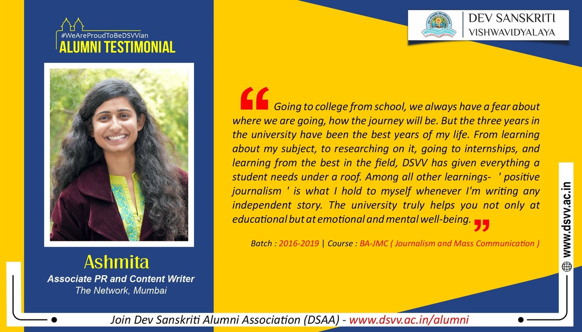 dsvvofficial's tweet photo. "DSVV has given everything a student needs under a roof." ~ Asmita Badoni 

Join the Dev Sanskriti Alumni Association by visiting the link 👇🏻 
https://t.co/VhJm3A71If

#OurAlumni #OurPride https://t.co/rVoGjbW95x