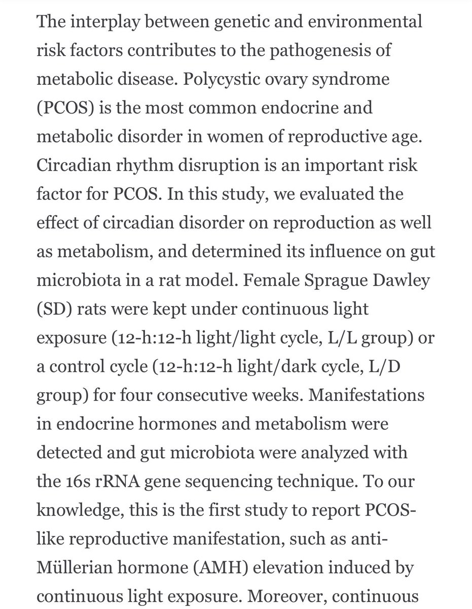 Continuous Light-Induced PCOS-Like Changes in Reproduction, Metabolism, and Gut Microbiota in Sprague-Dawley Rats  https://www.frontiersin.org/articles/10.3389/fmicb.2019.03145/full