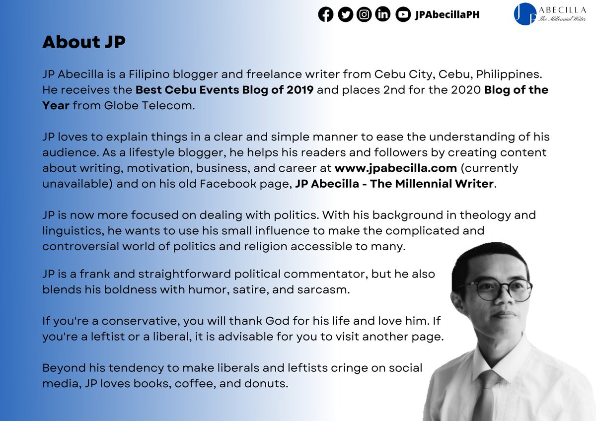 JPAbecillaPH's tweet photo. Here is quick info about JP. This is a short and complete revision of the one we have before at https://t.co/oqcuxBxLH2 (now inaccessible).
For more info, give a quick direct message or send an email to jpabecilla@gmail.com.
#MillennialWriter
#FilipinoBlogger
#CebuBlogger https://t.co/7rQJw1cK5h