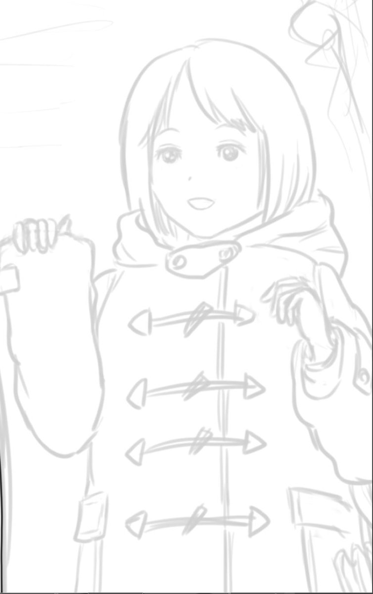 これ(下描き)がこうなる(線画)。別人。
ちなみに塗れば消えそうな?おまけのキャラなので結構適当😆 