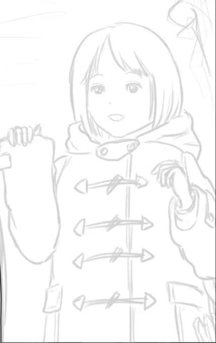 これ(下描き)がこうなる(線画)。別人。
ちなみに塗れば消えそうな?おまけのキャラなので結構適当😆 