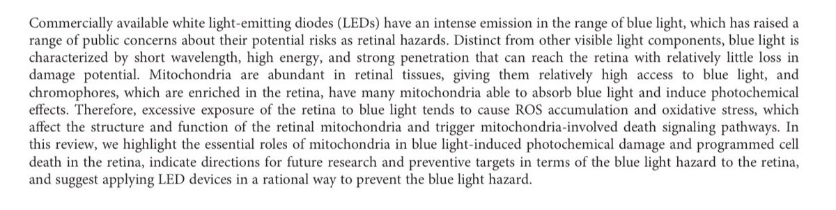 Mitochondria as Potential Targets and Initiators of the Blue Light Hazard to the Retina  https://downloads.hindawi.com/journals/omcl/2019/6435364.pdf