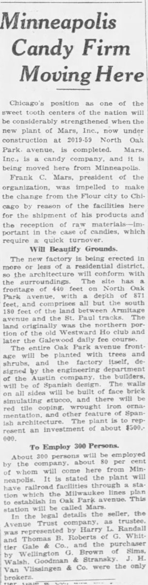 HistorianWannab's tweet photo. Here is an early article from 1928 when #marscandy first moved to #chicago. I find it fun to go back and read old news clippings related to current events. #mars #candy #galewood https://t.co/RysL41F3bp