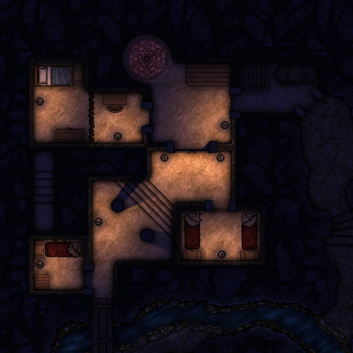 Its #selfpromosaturday so here is a map I just finished; its a small lair in a cave. The full map in 256ppi is free at patreon.com/posts/summoner…

#dnd #ttrpg