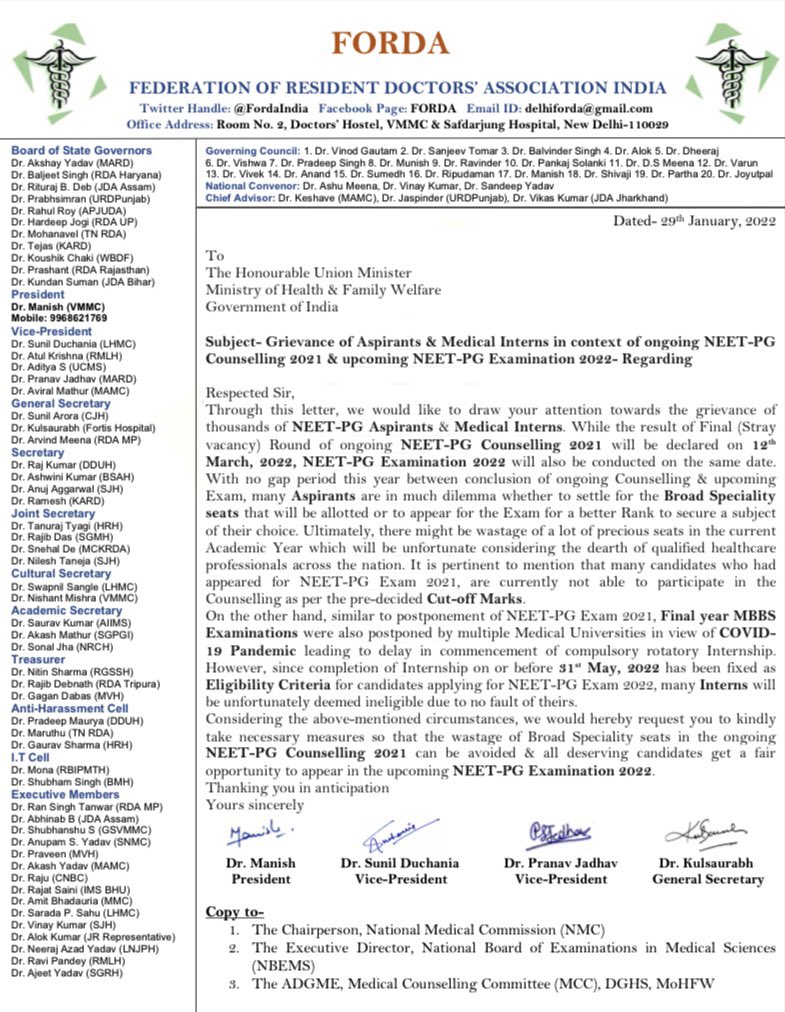 FordaIndia's tweet photo. Requesting Hon’ble @mansukhmandviya Sir to take note of the grievance of thousands of #Aspirants &amp; Medical #Interns in context of ongoing #NEETPGCounselling2021 &amp; upcoming #NEETPGExamination2022 #MCC @MoHFW_INDIA @NMC_IND @NBEMS_INDIA @ANI @PTI_News @MirrorNow @IndiaAheadNews https://t.co/dsh7zwu0e0