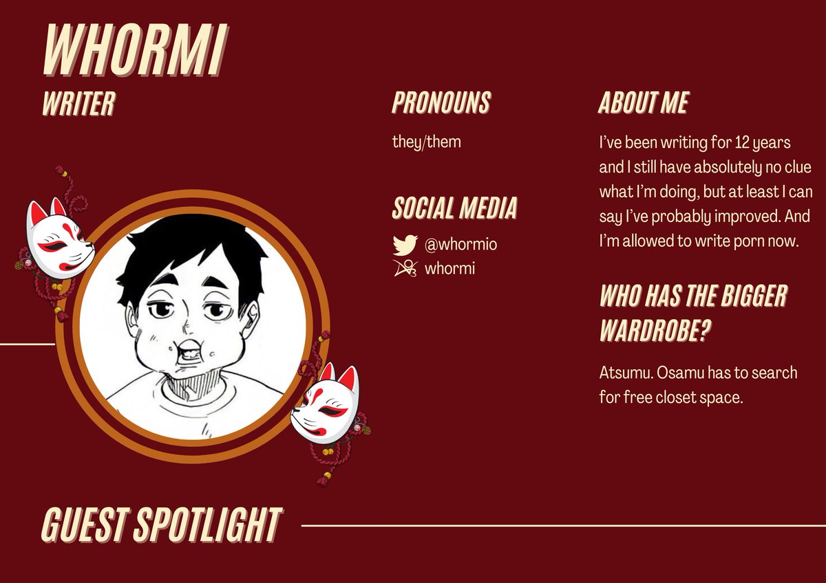miyacestzine's tweet photo. WRITER SPOTLIGHT: Whormi 🦊 

Welcome, @whormio! Probably best known for their deliciously dead dove works. They have written for both OsaAtsu and AstuOsa before which means more for us to enjoy! Will they Reflect or Refract? You’ll have to wait and see ✨ https://t.co/vCjQSegWh8