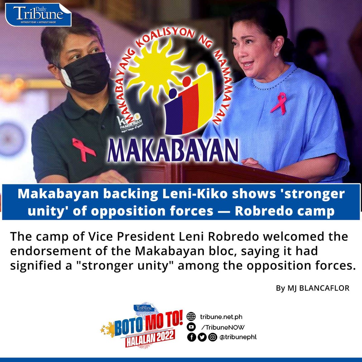 tribunephl's tweet photo. The camp of Vice President @LeniRobredo welcomed the endorsement of the Makabayan bloc, saying it had signified a “stronger unity” among the opposition forces.
READ MORE:
https://t.co/PKmlDBAuw6
#BotoMoTo
#Halalan2022
#DailyTribune https://t.co/ZD9Eh1P6nV
