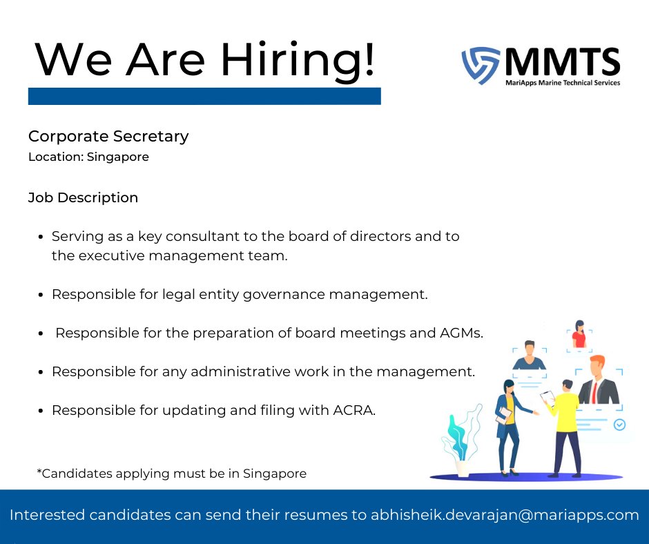 MariAppsMarine's tweet photo. Mariapps Marine Technical Services s is looking for a Corporate Secretary. Candidates applying must be in Singapore. 
Interested candidates can send their resumes to abhisheik.devarajan@mariapps.com

#GetHired  #navigationservices #maritimeservices #mariappsmarinesolutions https://t.co/NOK1yq0Jb3