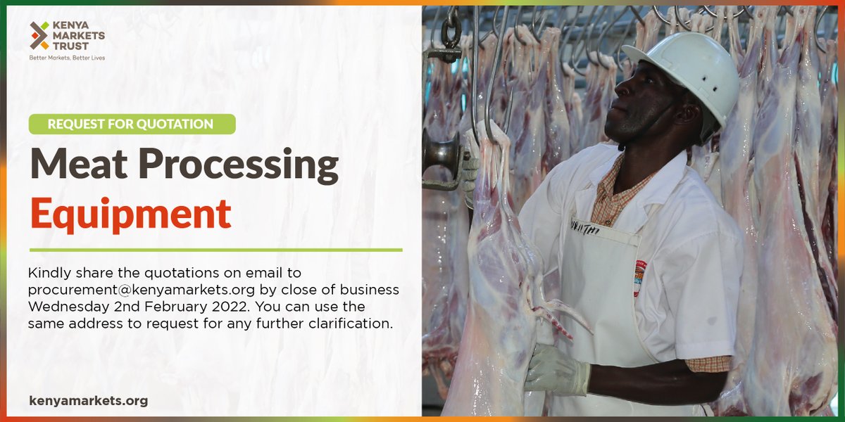 KenyaMarkets's tweet photo. Kenya Markets Trust seeks to procure meat processing equipment for training/coaching.
The RFQ deadline has been extended to Wednesday, 2nd February 2022.
More:
https://t.co/zpJaPMyBlu
Share widely.
#BetterMarketsKe #KenyaMarkets #livestock #Meat #CompetitiveMeatProcessing https://t.co/6dJGMUZaCh
