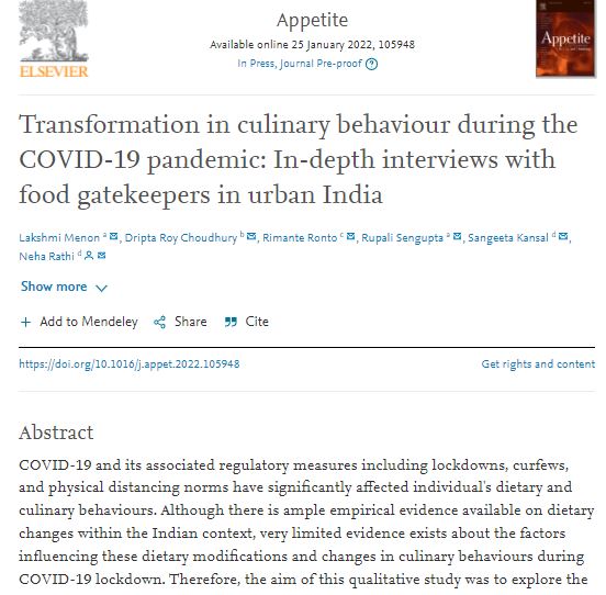 Dr Neha Rathi (@neharathi14) on Twitter photo New paper out! Our study elucidates the views of Indian food gatekeepers towards culinary and dietary behaviors during the COVID-19 pandemic #food #covid #culinary #gatekeepers #india <a href="/bhupro/">BHU Official</a> <a href="/DrBMNCollege/">Dr.B.M.N College OF Home Science</a> <a href="/nutrigroup_iitb/">Nutrition Group IIT Bombay</a>
sciencedirect.com/science/articl… New paper out! Our study elucidates the views of Indian food gatekeepers towards culinary and dietary behaviors during the COVID-19 pandemic #food #covid #culinary #gatekeepers #india <a href="/bhupro/">BHU Official</a> <a href="/DrBMNCollege/">Dr.B.M.N College OF Home Science</a> <a href="/nutrigroup_iitb/">Nutrition Group IIT Bombay</a>
sciencedirect.com/science/articl…