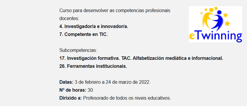 5ª edición do curso en liña #cafi_ini_etwinning de <a href="/CAFIgalicia/">CAFI</a> e da Embaixada eTwinning Galicia <a href="/eTwinningGaliza/">Embaixada eTwinning Galicia</a>.

Aínda hai prazas!
 
A aventura comeza! Preparadas, listos, xa! :-)