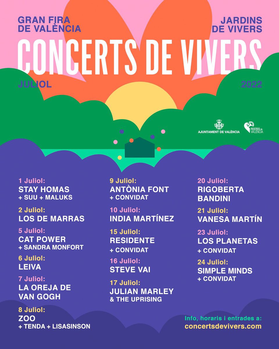 La indústria musical valenciana està d’enhorabona 🎉 Una bona part de les promotores musicals valencianes presenten un cartellàs per als <a href="/Conc_Viveros/">Conciertos de Viveros</a> 2022.🤩

👉🏼 Artistes internacionals, estatals i locals en una combinació diversa i heterogènia! 

Seguim endavant!