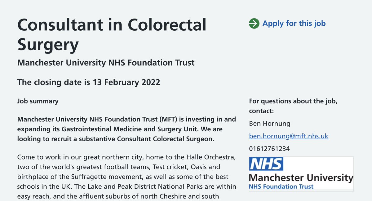 Team #colorectalsurgery <a href="/MFTnhs/">MFT NHS</a> is expanding with 🌟2️⃣🌟 jobs! Come &amp; join an innovative &amp; dynamic department delivering high quality care to patients across Manchester <a href="/ACPGBI/">@ACPGBI</a> <a href="/Dukes_Club/">The Dukes' Club</a> 
🚀 bit.ly/35n13W3 
🚀bit.ly/3r9GR2k