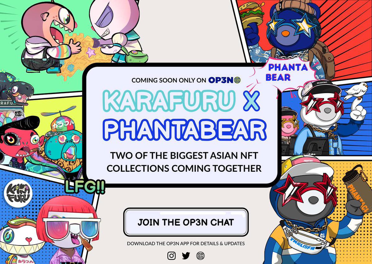 To enter Twitter's giveaway:
1. Follow <a href="/EzekClub/">Ezek</a> &amp; @KarafuruNft 
2. Like &amp; RT
3. Tag 3 friends

Make sure you all follow @op3nworld_ for future #PhantaBear and @karafurunft collaboration, which will be announced soon ✅🐻✨🤝