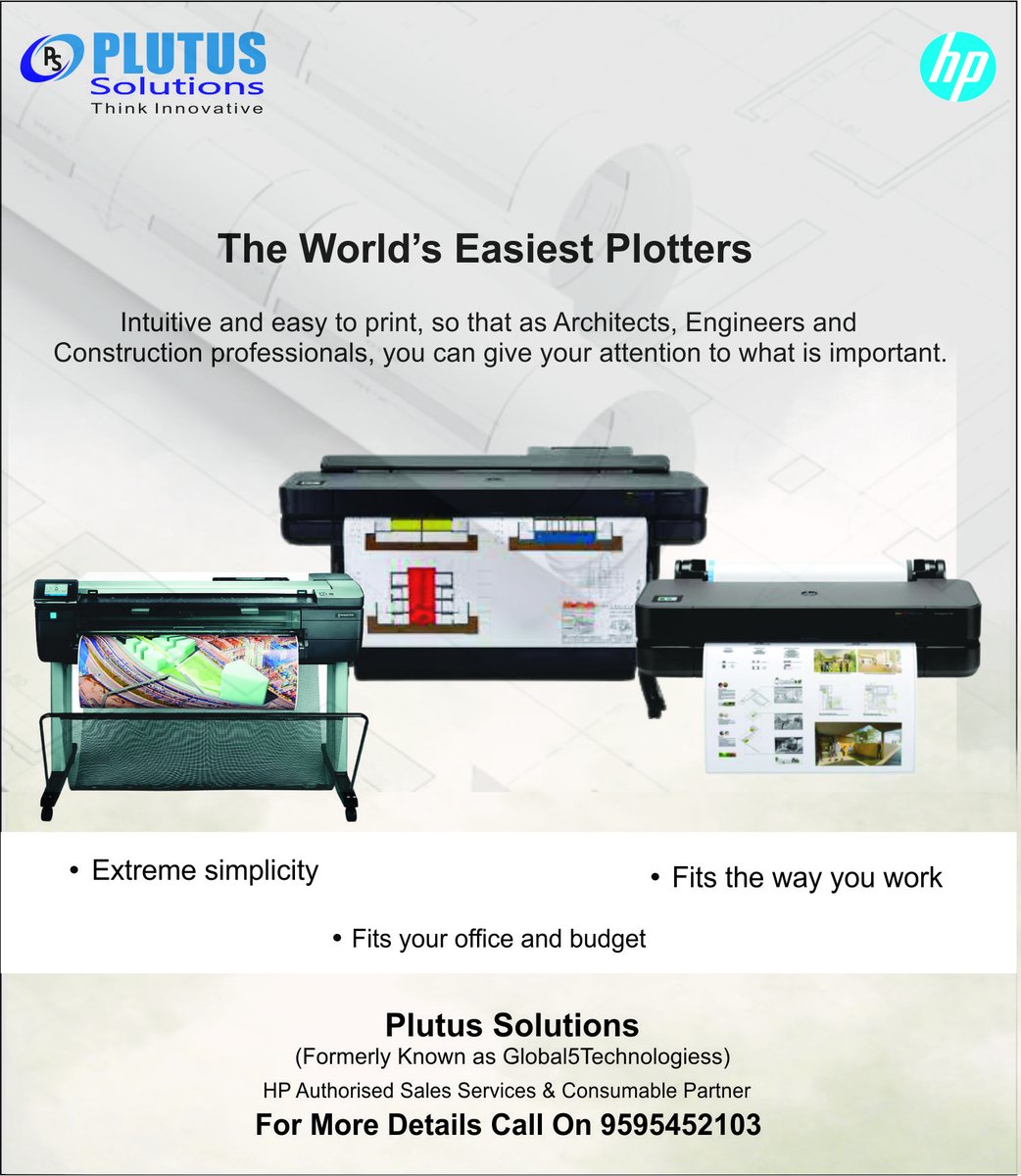 PlutusSolution's tweet image. The World&apos;s Easiest Plotters
 intuitive and easy to print, so that as Architects, Engineers and Construction professionals, you can give your attention to what is important. To know more please call us on 9595452103.
#hpprinter #HPdesignjetPlotter #hplargerformaprinter #HPPlotter