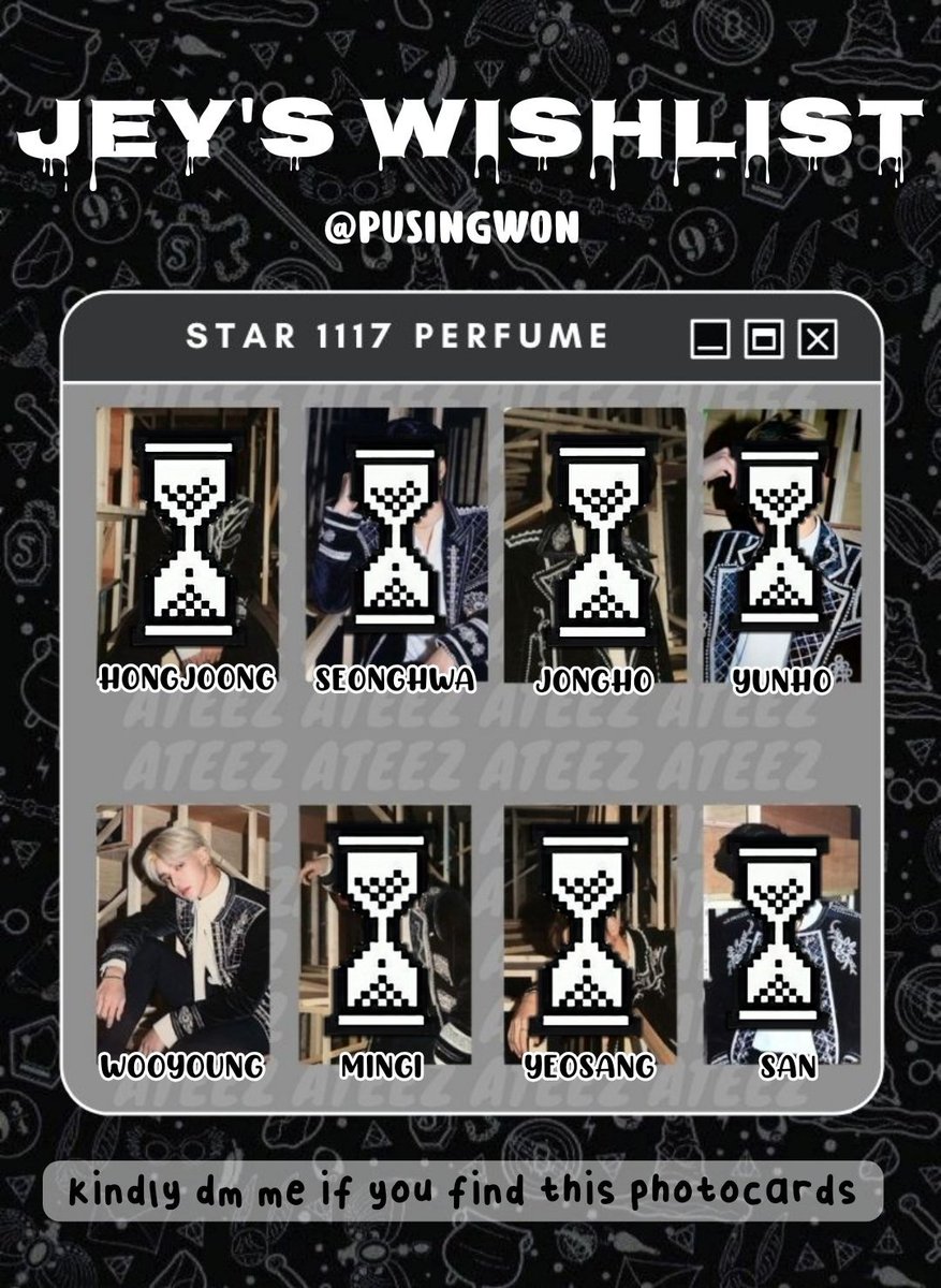 pusingwon's tweet photo. update!
wtb / want to buy

– pc perfume star 1117 ateez
– prefer no pair
– reasonable price
– kindly mention or knock my dm

t. hongjoong seonghwa yunho yeosang san mingi wooyoung jongho photocard 에이티즈 포카 https://t.co/ek4oLh2gzt