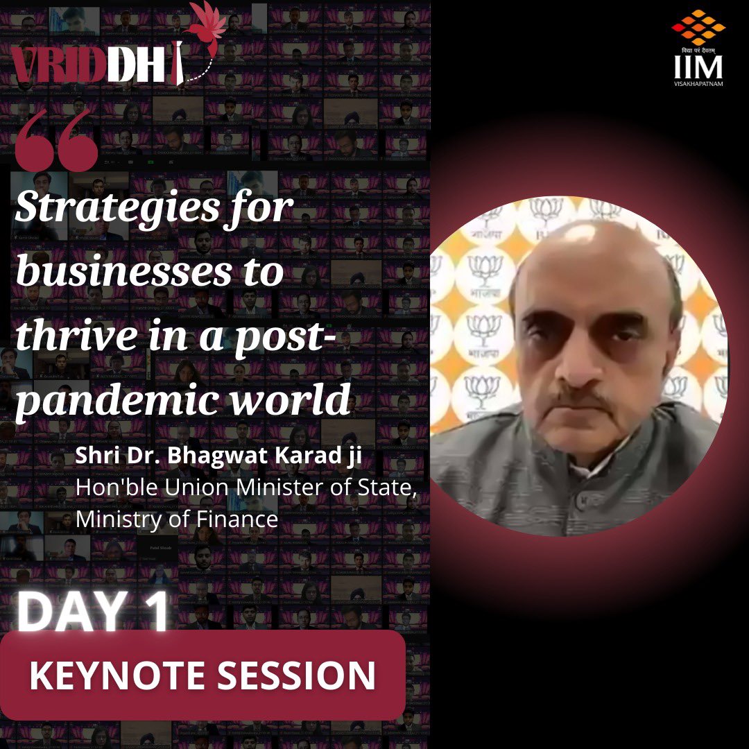 #IIMVisakhapatnam had the utmost privilege and honour to host Hon'ble Union Minister of State, Ministry of Finance, Shri Dr. Bhagwat Karad ji @DrBhagwatKarad for a #KeynoteSession as part of the ongoing Annual #BusinessConclave - #Vriddhi. 

Read: linkedin.com/posts/iim-visa…