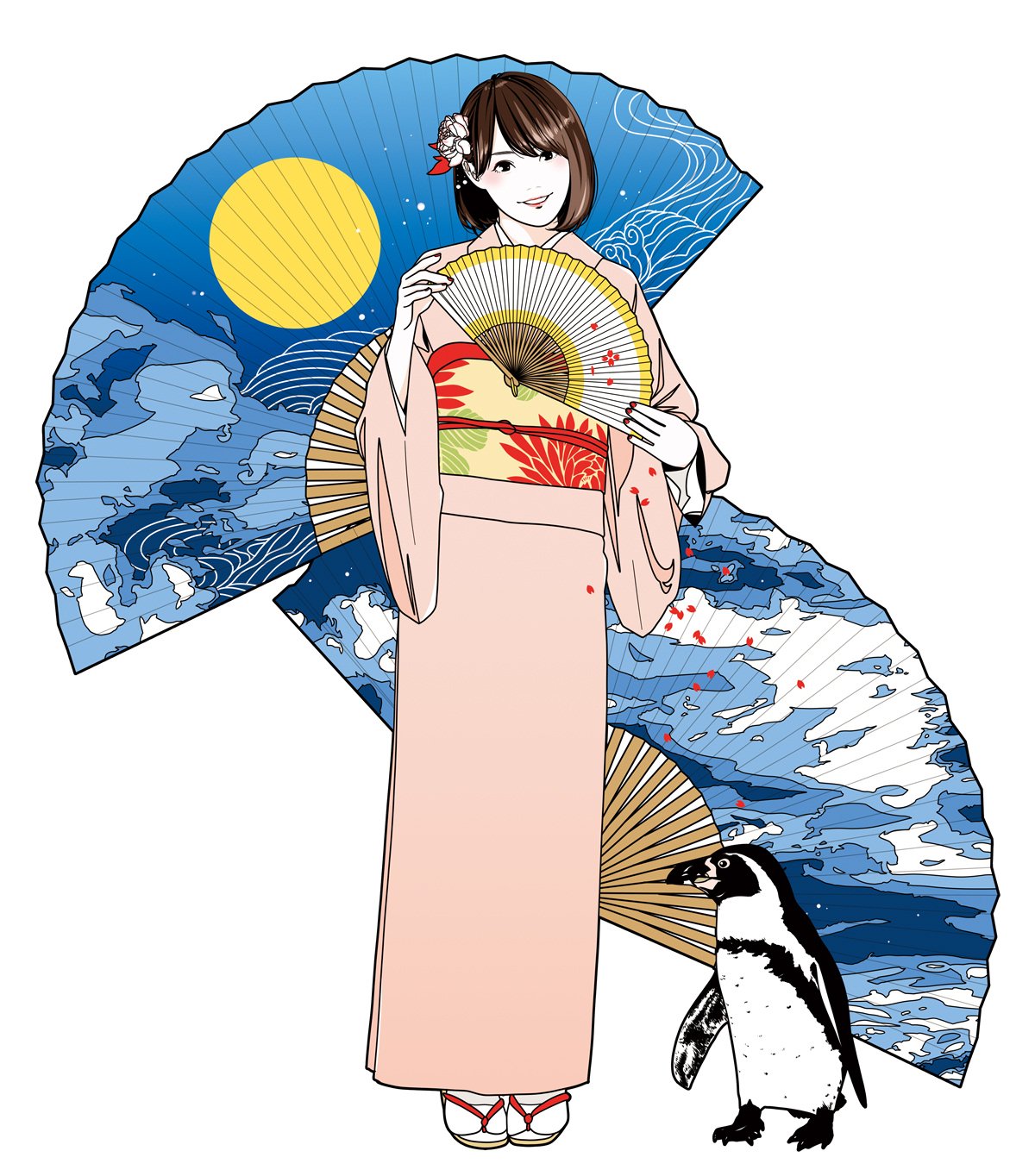 カスヤ ナガト 花鳥風月 イラスト 絵 着物 和服 和風 笑顔 ペンギン カスヤナガト T Co Ta4z037v3t Twitter