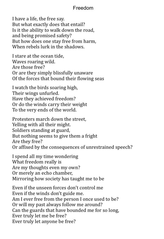 Poem that my 13 year old and her friend wrote on what freedom means to them. Deep!