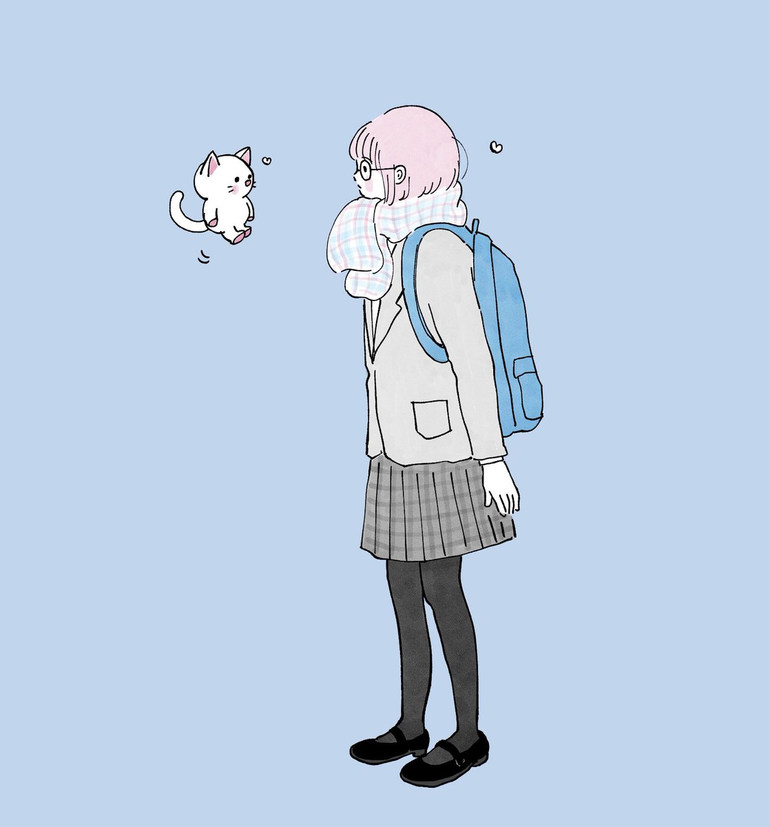 1girl scarf plaid skirt pantyhose glasses bag  illustration images