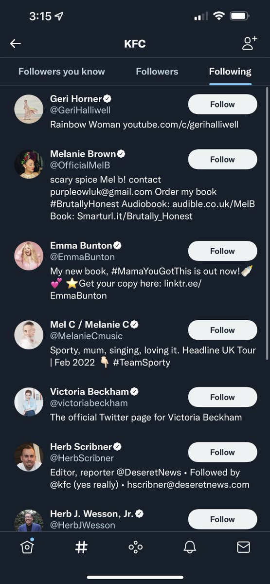 swyx's tweet photo. Will never not be funny that @KFC follows exactly 5 Spice Girls and 6 guys named Herb.

11 herbs and spices 😂 https://t.co/GWwKydKT0E
