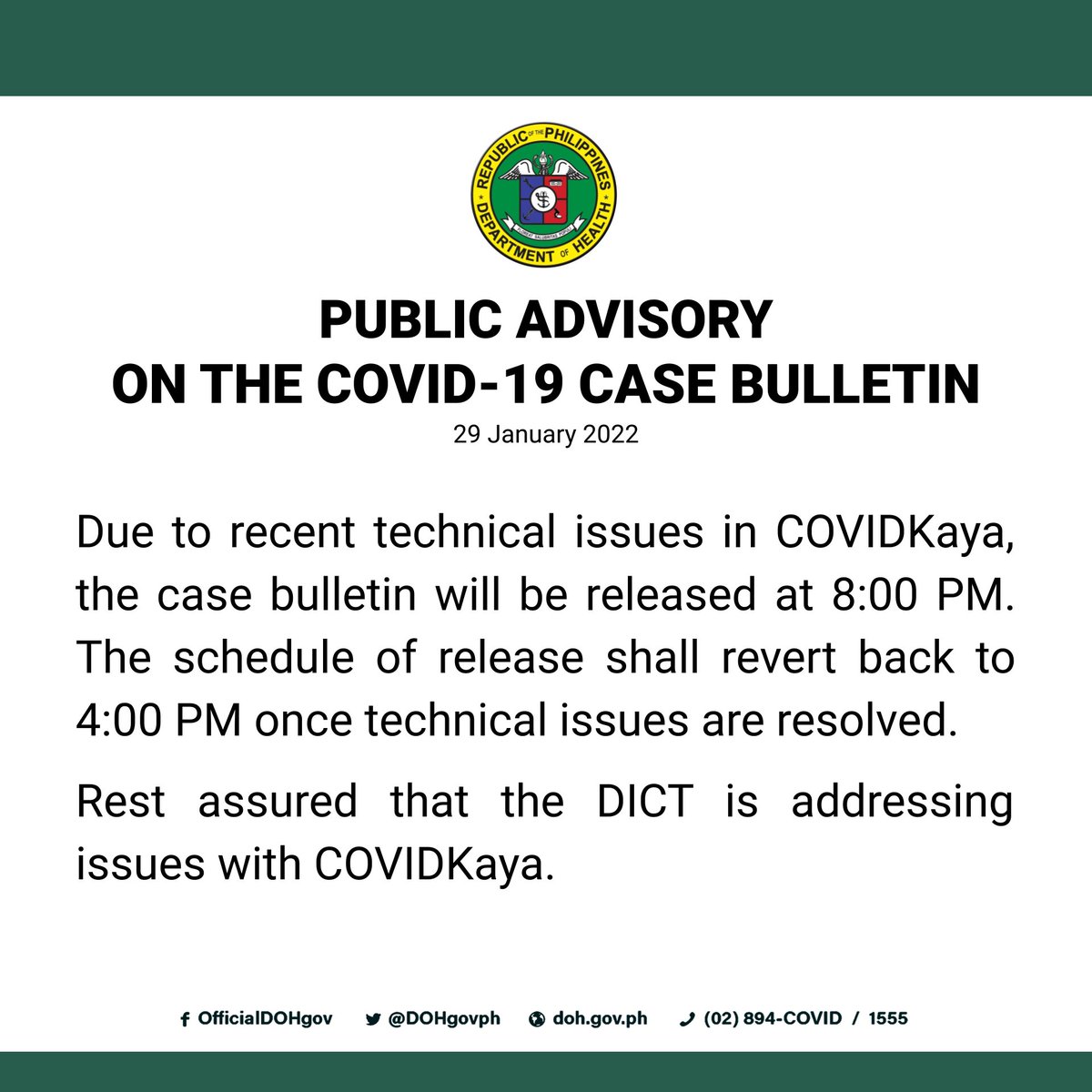 ABSCBNNews's tweet photo. READ: DOH announces that the #COVID19 bulletin today will be released at 8 p.m. due to issues with its data repository system. 

DOH adds they are addressing the issue. | via @jobmanahan https://t.co/tVhDvF1vJX
