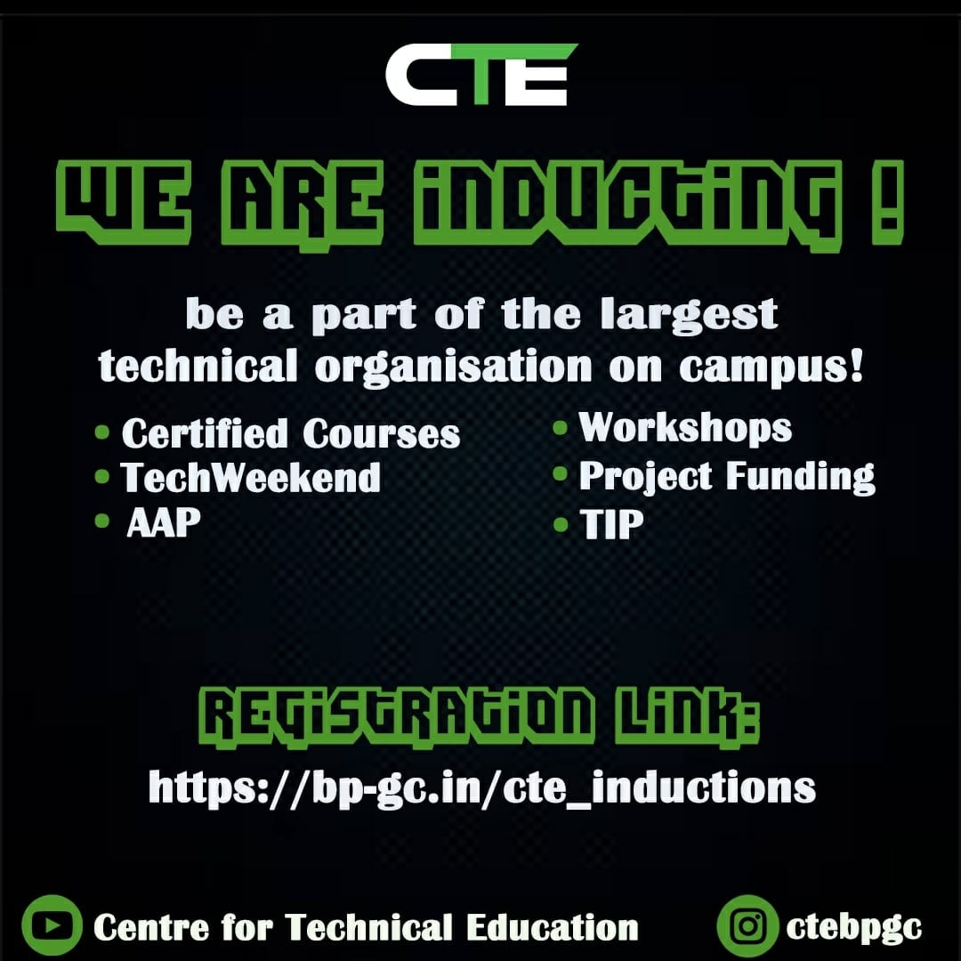 CTEBPGC's tweet photo. Greetings from CTE!
We extend a warm welcome to everyone interested in joining the largest technical organization on campus,i.e., Center for Technical Education.
To know more about our ventures and facilities:
https://t.co/3P0WMh6GRq

Registration link:
https://t.co/PkeAa06F7q https://t.co/87S4yLdscF