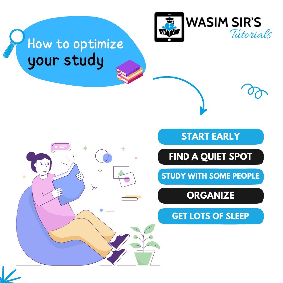 Wasim_Tutorials's tweet photo. Want to #Optimize your study time ? 

Above are some tips to efficiently optimize your study to get the best results 

Wasim Sir’s Tutorial 

Follow us for more …..
.
.
.
#wasimsirstutorial #study #students #optimize
#exams #student #science #mumbra https://t.co/SuDo11Zdz7