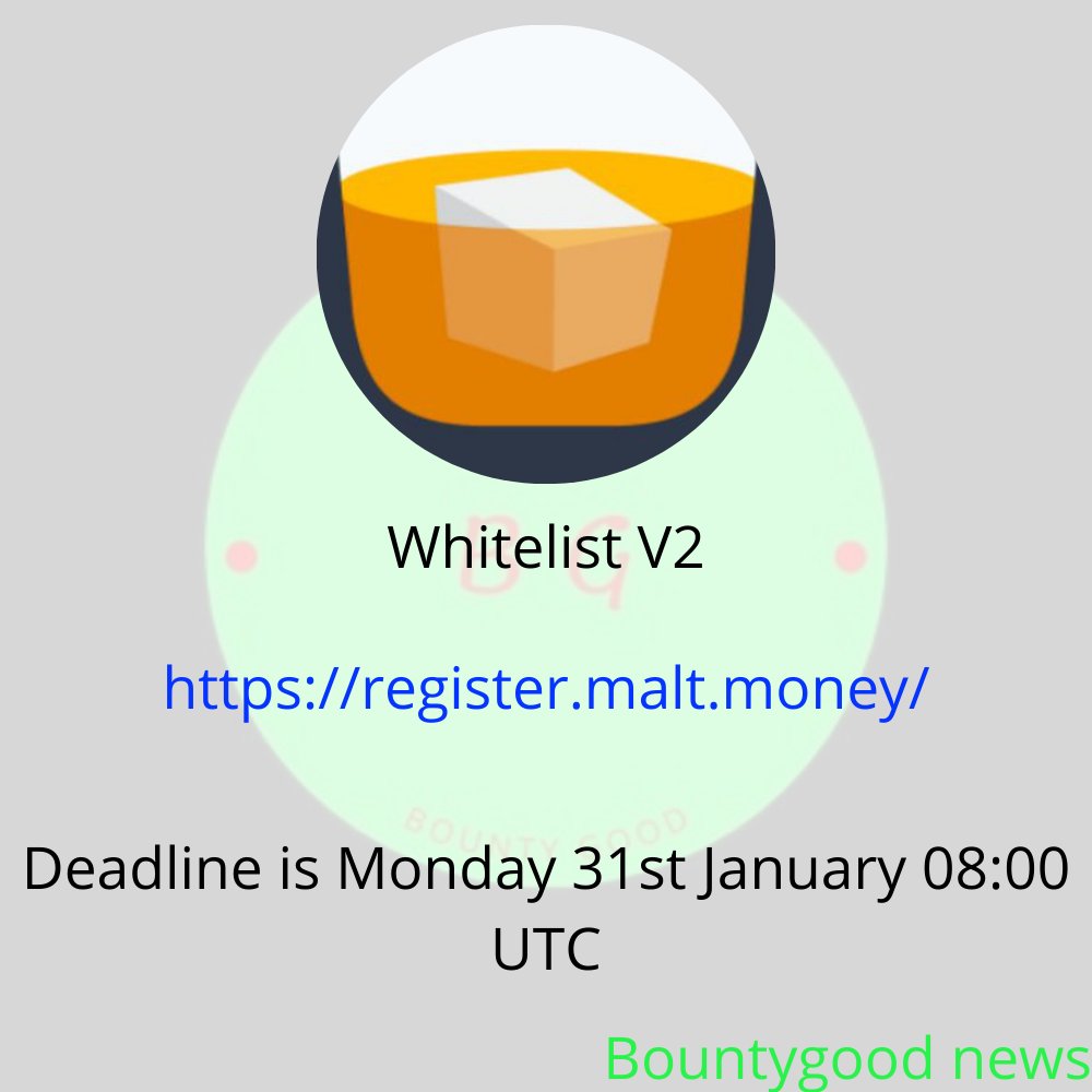 dropseraa's tweet photo. 🙌ATTENTION Malt V1 Users.

If you haven't already registered for the V2 whitelist head over to
👉 https://t.co/vrNDgnWMZH

 Deadline is Monday 31st January 08:00 UTC

⏰https://t.co/QG3OIMvL6J

@MaltProtocol #Polygon #whitelist #CryptoNews https://t.co/WOJ99zSAov