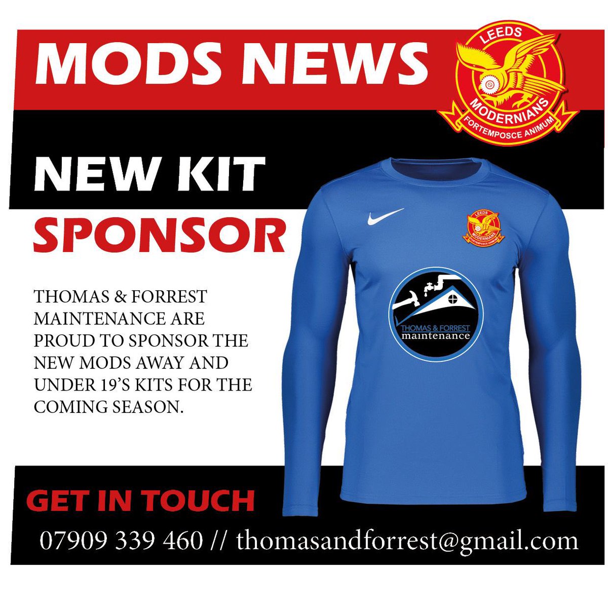LeedsMods's tweet photo. NEWS 📰 

A big thank you to Thomas and Forrest Maintenance, who have agreed to sponsor our newly formed U19 side for the coming season, as well as our away kit! 

Please contact Thomas and Forrest for all your building and maintenance needs via the contact details in the image https://t.co/W7lMig3u55