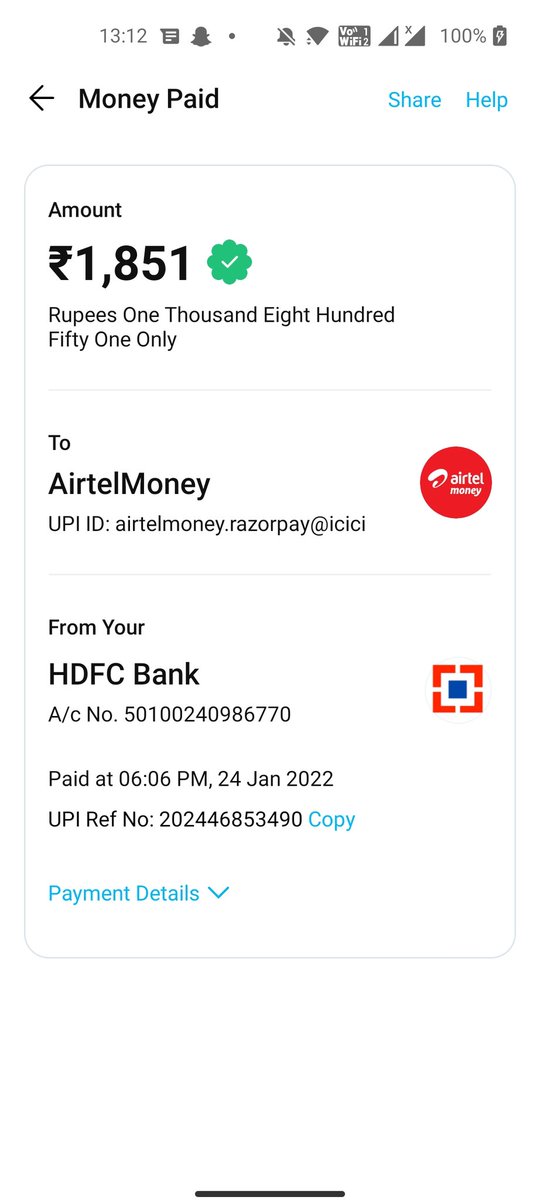 TulsianiChandni's tweet photo. @supremecourt @Paytm @airtelmoney @airteldigital @BandBajaateRaho 

Hello, I have done the Airtel DTH recharge on 24th January and the amount has been debited but my pack has not got renewed and it was for 1891rs amount. Airtel team is asking everytime to wait and not resolving. https://t.co/SWlGTCX4b9