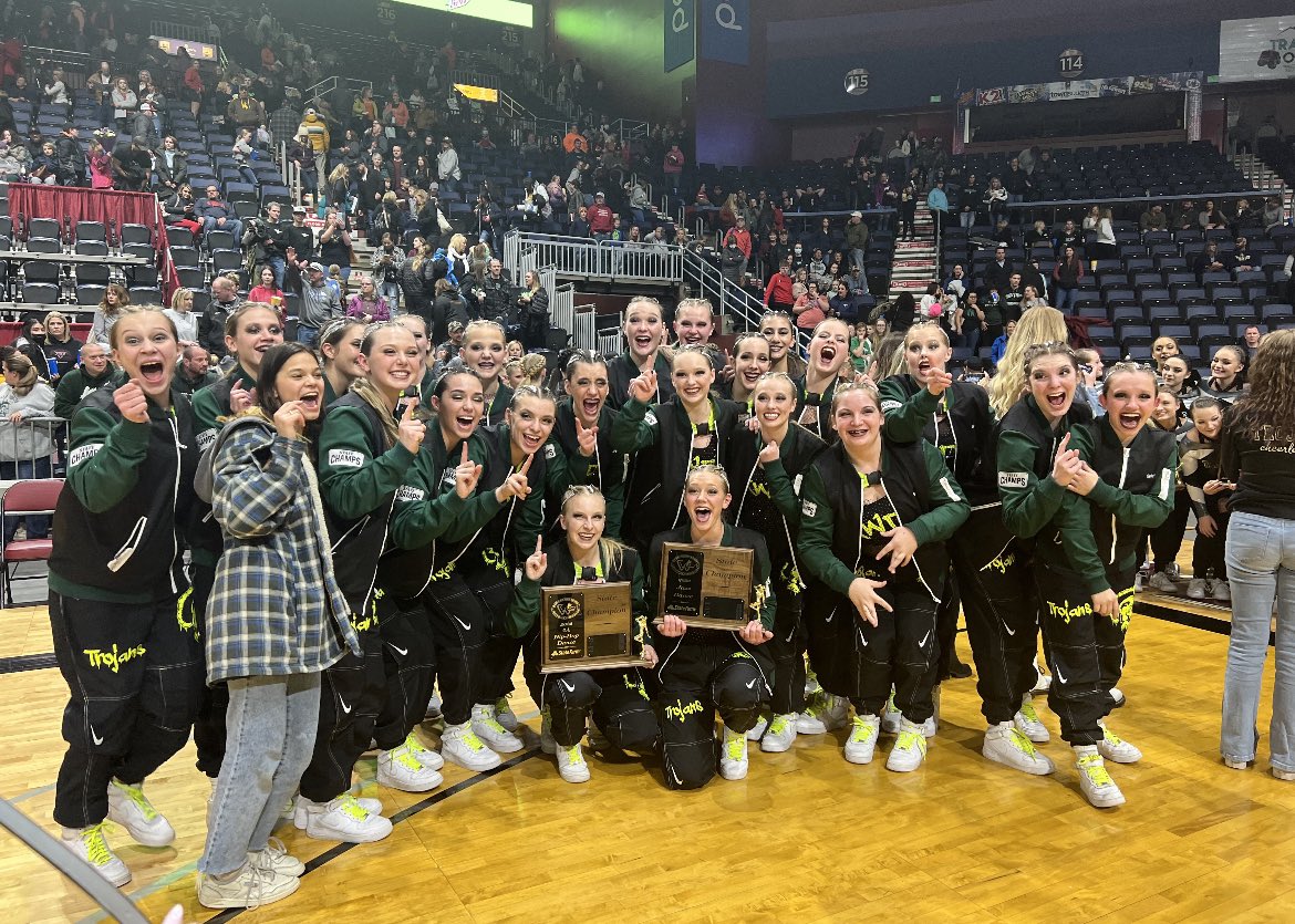 KWDT_team's tweet photo. KWDT proudly walked away with BOTH state titles tonight!! GO TROJANS! #backontop #lookatusnow 💚🤍 https://t.co/OISUvPAtMJ