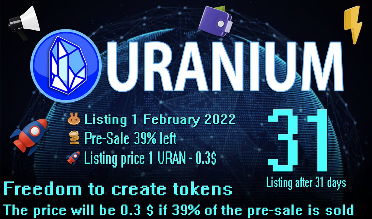 URANIUM DIGITAL
▶ Video instruction
youtube.com/watch?v=QnFQ6A…
Free 🎁 210 (URAN) Tokens 
Reward 🎁 for a referral 100% = URAN
⚡️Listing Pancakeswap after 31 days⚡️
✅👇 Project Link :
uranium.digital
✅👇 Airdrop Link :
uranium.digital/airdrop/