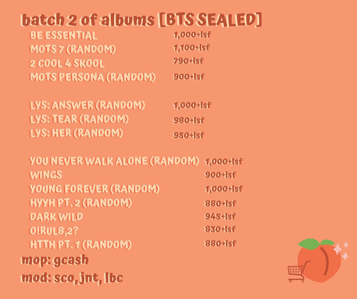 fancypeachcart's tweet photo. [BATCH 2 ALBUMS] PRE-ORDER

*all albums are in NETA
*Strictly SURE BUYERS ONLY, PAYO !!
MOP: gcash
MOD: sco, j&amp;t, lbc
for orders and questions kindly send us a message first ^^
thank u and happy peachy shopping !!🍑✨
🏷wts lfb sealed unsealed albums bts twice exo nct https://t.co/dH2sLulYyb