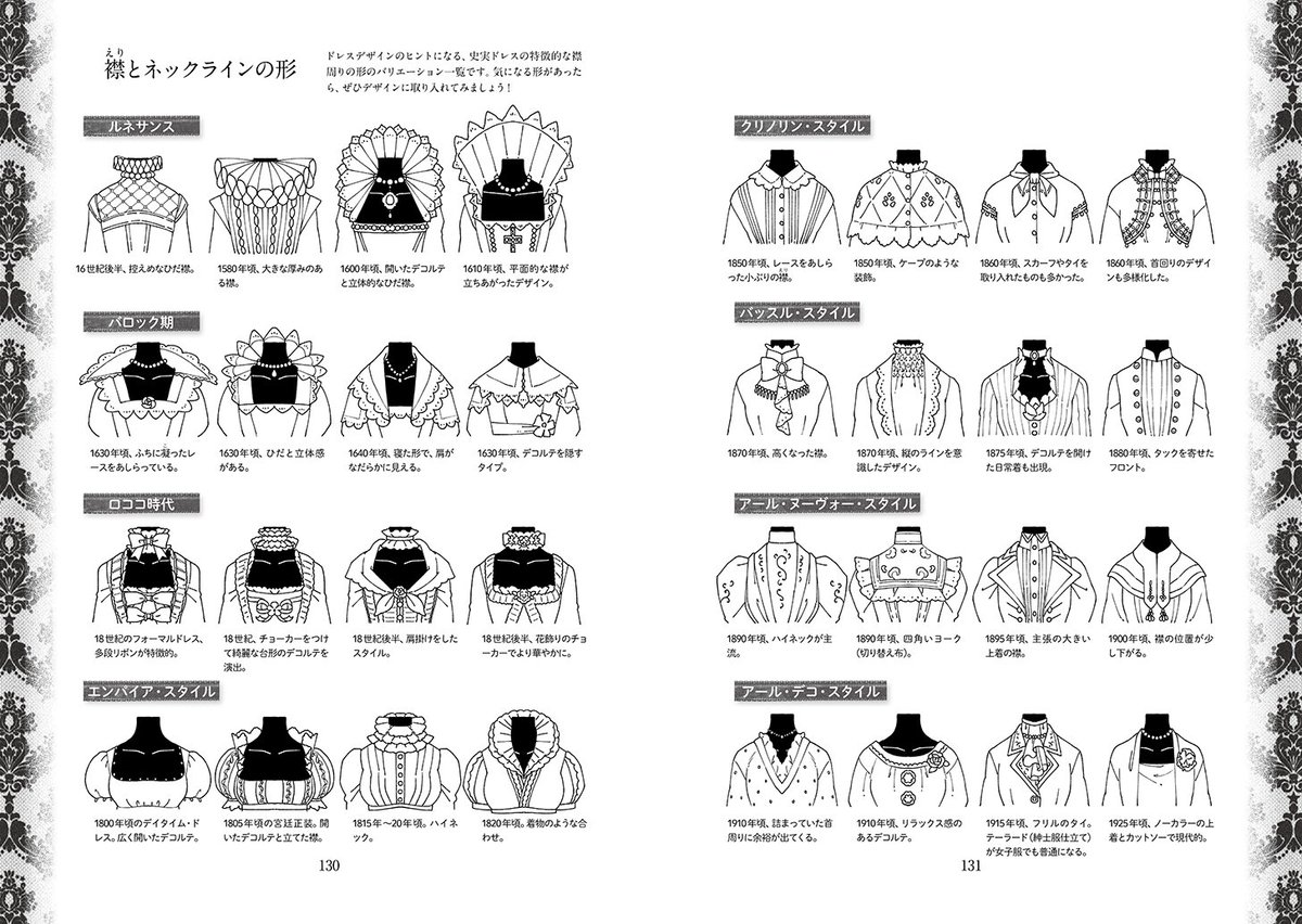 『麗しのドレス図鑑』 本文サンプル2/2
→続き

・襟や袖などパーツの形一覧
・フリルやリボン・薔薇の描き方講座

などなど、盛り沢山な内容となっております!
ドレスが好き…知りたい!描きたい!という方はぜひどうぞ～! 