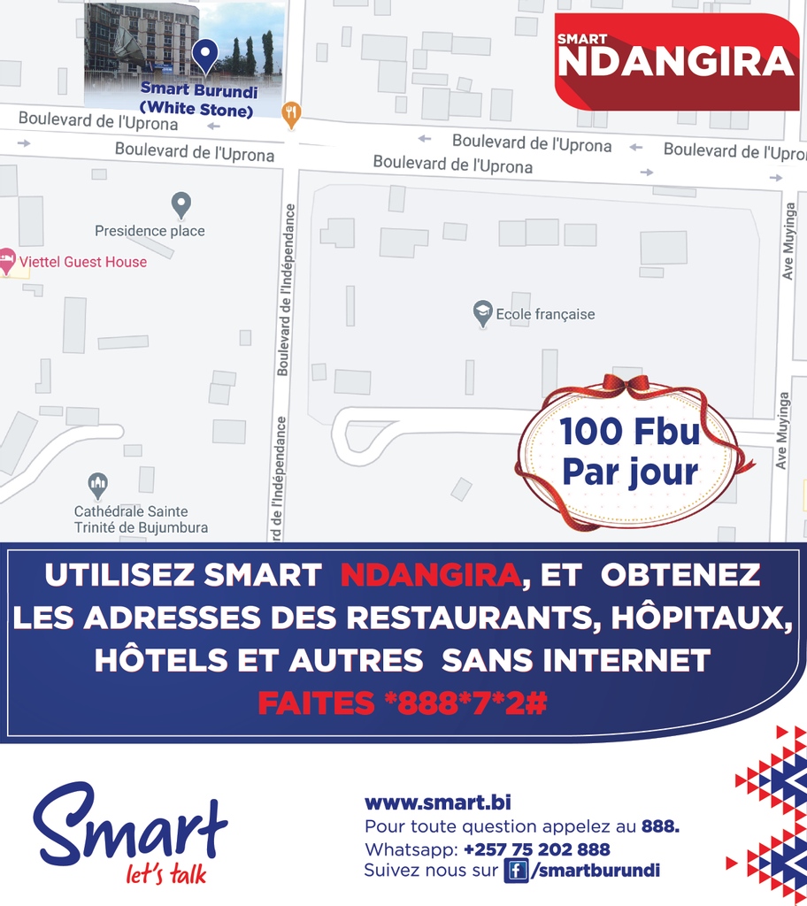 SmartBurundi1's tweet photo. Utilisez Smart Ndangira, et obtenez les adresses des restaurants, hôpitaux, hôtels et autres sans Internet. Faites*888*7*2 # et inscrivez-vous à 100 Fbu/ jour.
#SmartBurundi
#Burundi https://t.co/8epflQjYkq