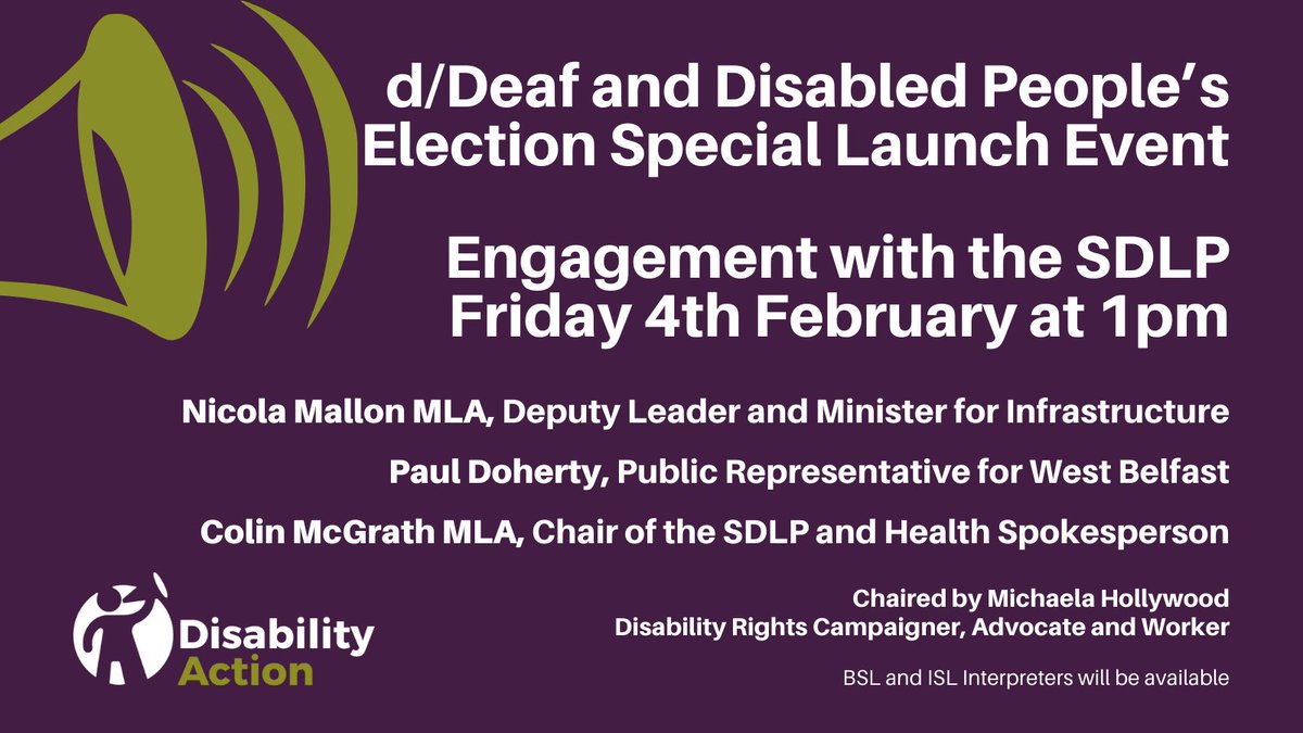We <a href="/disabilityni/">Disability Action</a> want to close the gap between d/Deaf + disabled people + political change <a href="/NicholaMallon/">Nichola Mallon</a> is helping us! Don't miss the chance to speak to her directly  Fri 4th of Feb at 1pm with party colleagues <a href="/ColinSDLP/">Colin McGrath 🇺🇦</a> + @PaulDohertySDLP Tickets here:
eventbrite.co.uk/e/ddeaf-and-di…
