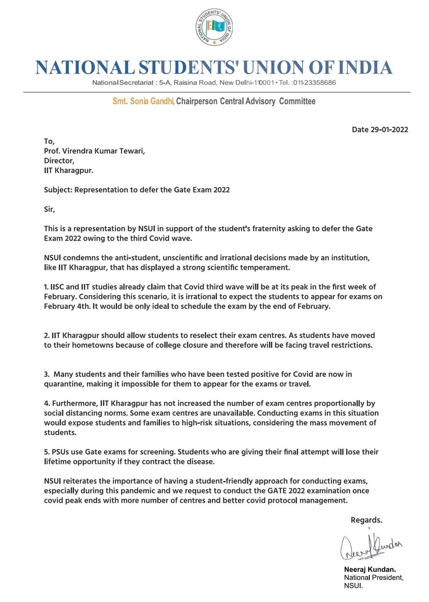 BhartiNarware's tweet photo. NSUI National President Shri @Neerajkundan Ji wrote a letter to IIT Kharagpur director & requested him to #Postponegate22
#delaygate https://t.co/KgSirJWGWc