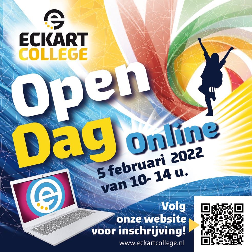 Veel leerlingen groep 7/8 en ouders hebben zich al ingeschreven voor de online Open Dag van #Eckartcollege op 5 februari. Volg de live stream of ga in gesprek met onze docenten.
Op 22 februari zijn de leerlingen vanaf 18.30 uur welkom op het #Eckartcollege zelf!