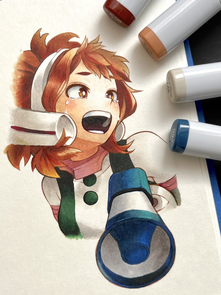 uraraka ochako 1girl traditional media brown hair brown eyes open mouth solo marker (medium)  illustration images