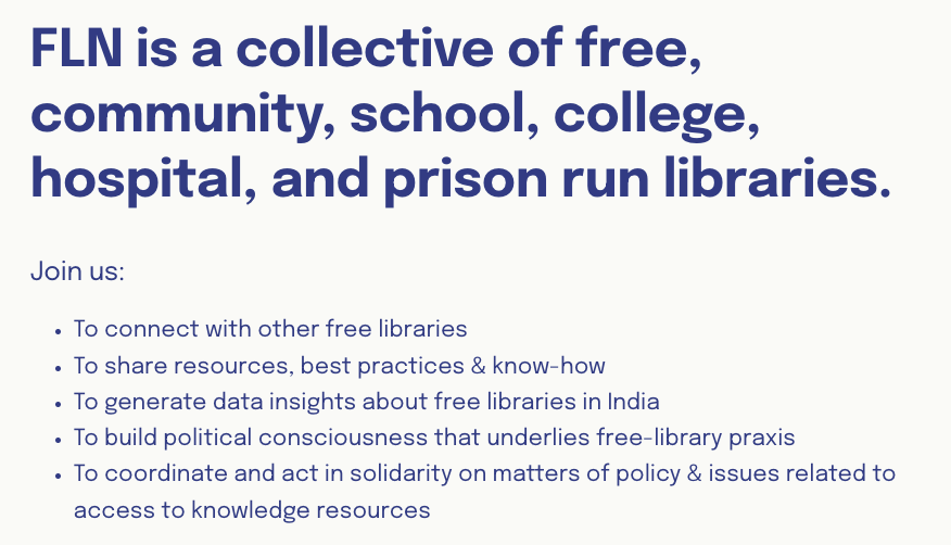 FLN is born out of the isolation we experience as library practitioners who are unsupported by institutions, be it the state or private &amp; public agencies, practicing in a paucity of resources, curriculum or solidarity.

Just 2 years old, we are now over 85 members strong.